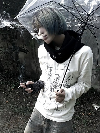 Y2K White Shoulder Heavy Henley Long Sleeve Top