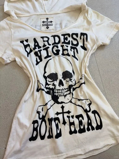 White Subculture Punk Y2K E-girl Abi American Retro Skull Print Short Sleeve Top