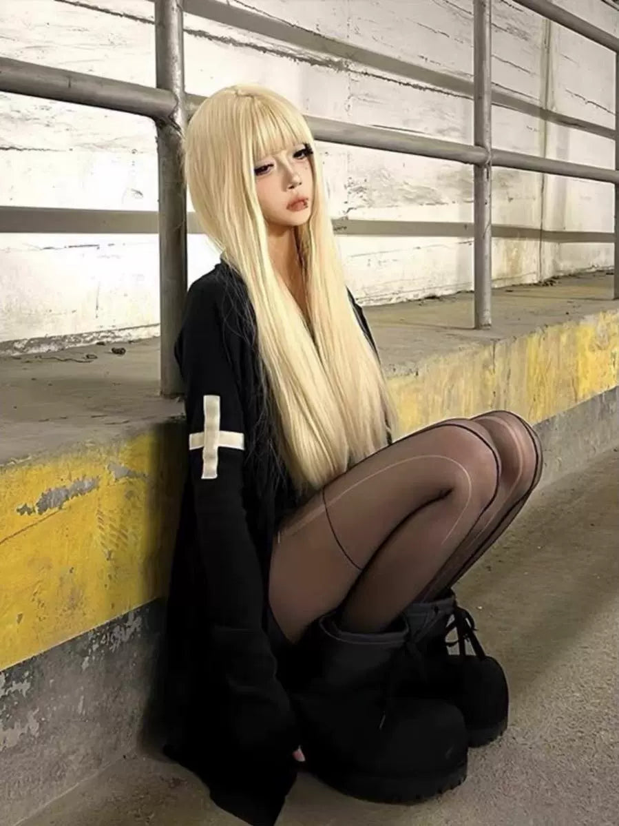 Cross Print Knit Cardigan Subculture Gothic Rock Punk Y2K E-girl Abi Mid-Length Jacket