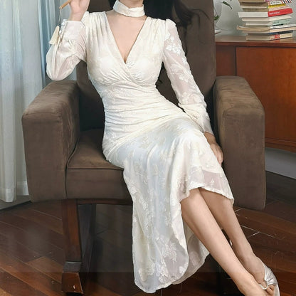 French V-Neck Long Sleeve Mermaid Gown Dress