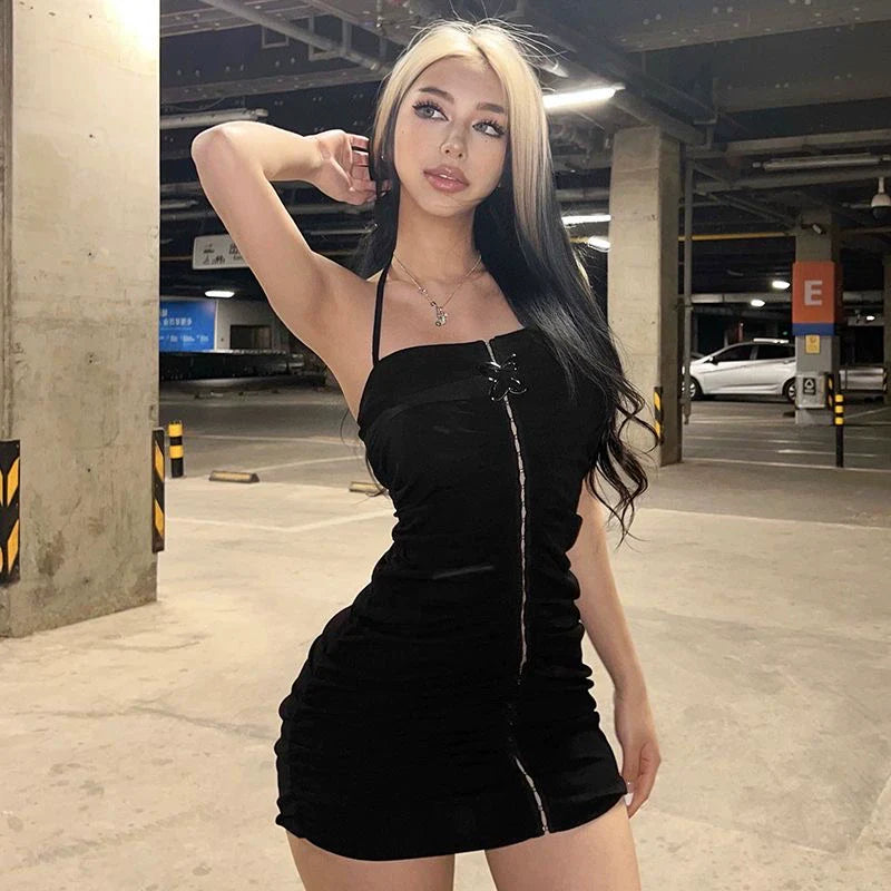 Black Subculture Y2K E-girl Hidden Button Halter Camisole Bodycon Dress