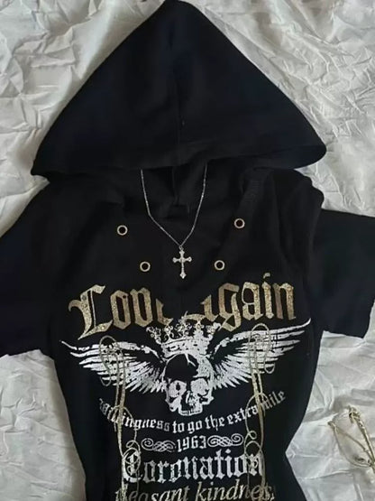 Black Subculture Rock Punk Y2K Abi E-girl American Retro Print Hooded Short Sleeve Top