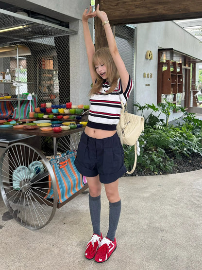 Striped Knitted Short Sleeve Polo Top Slim Fit