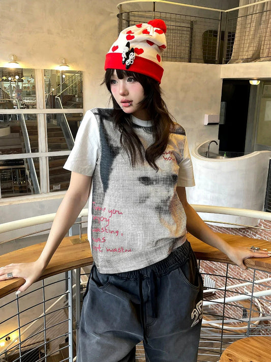 Retro White Cat Print Short Sleeve Slim Fit Top