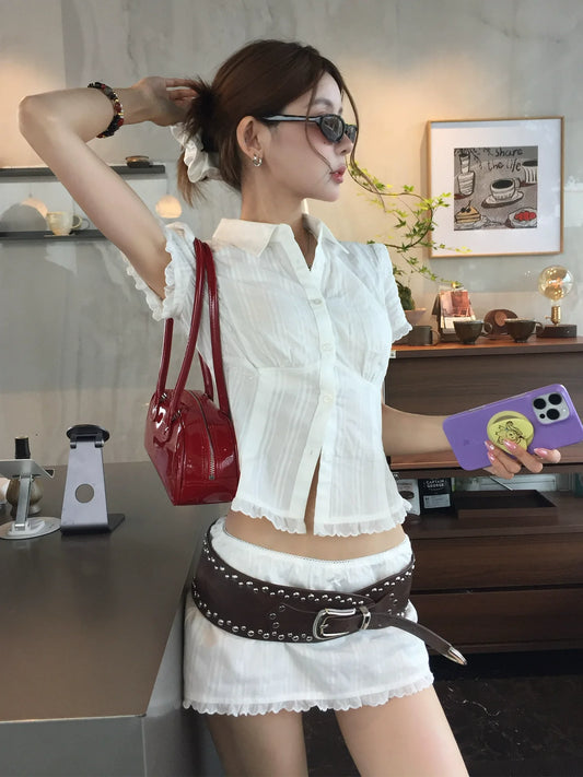 Preppy White Fitted Shirt  Structured Shoulder Waist-Cinched Short Sleeve Top