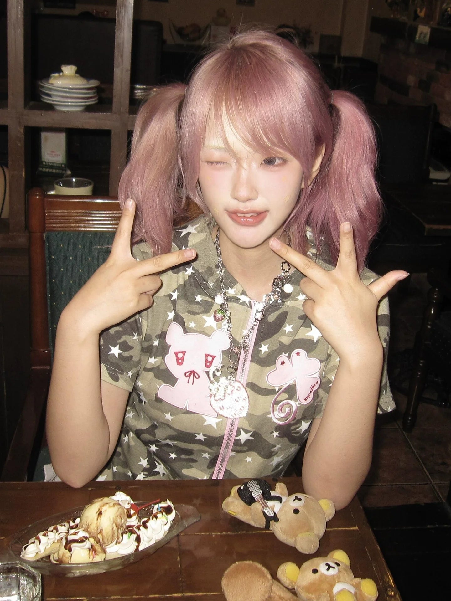 Y2K Camouflage Teddy Bear Hoodie Tee  Cropped Patch Embroidery Short Sleeve Top