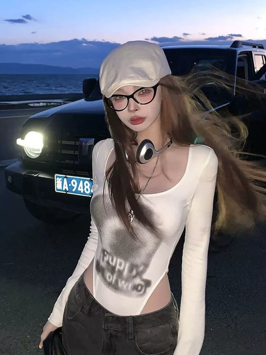 White Graphic Print Jumpsuit Y2K