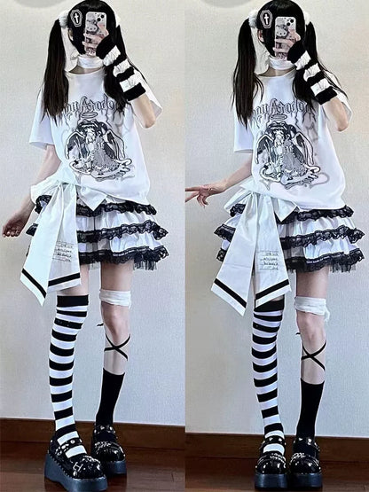 White Harajuku Cartoon Print Niche Design Oversized Y2K T-Shirt