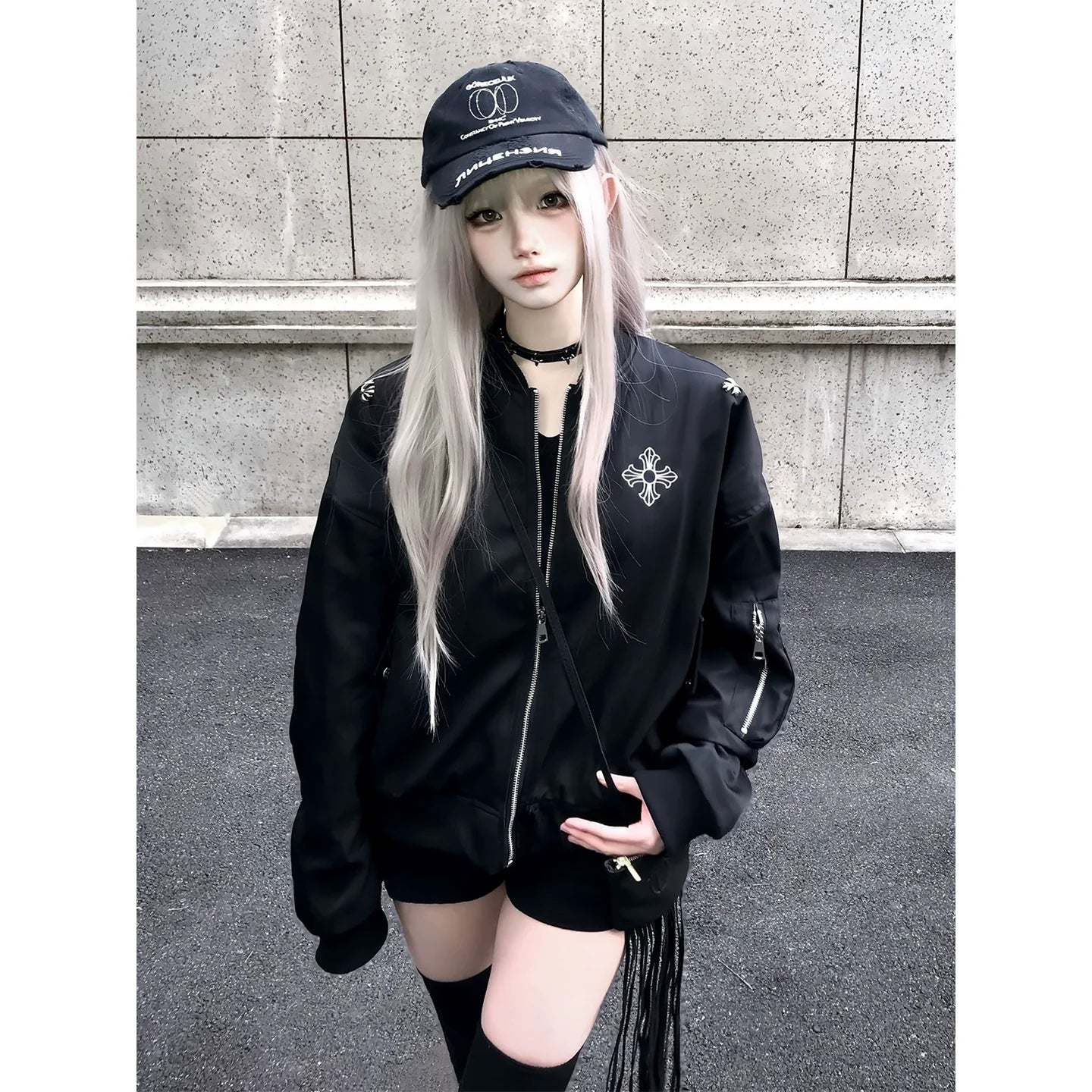 American Black Varsity Bomber Jacket  Cross Embroidery Oversized Street Outerwear