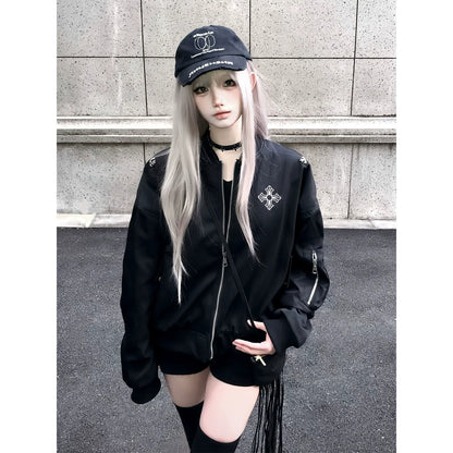 American Black Varsity Bomber Jacket  Cross Embroidery Oversized Street Outerwear