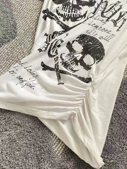 White Skull Print Lightweight Tee Y2K Top