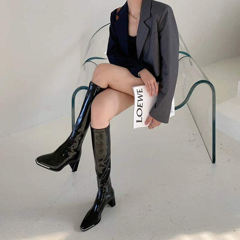 Celebrity Inspired Knee High Boots Women Spring Autumn Patent Leather High Heel Fleece Lined Knee High Biker Boots