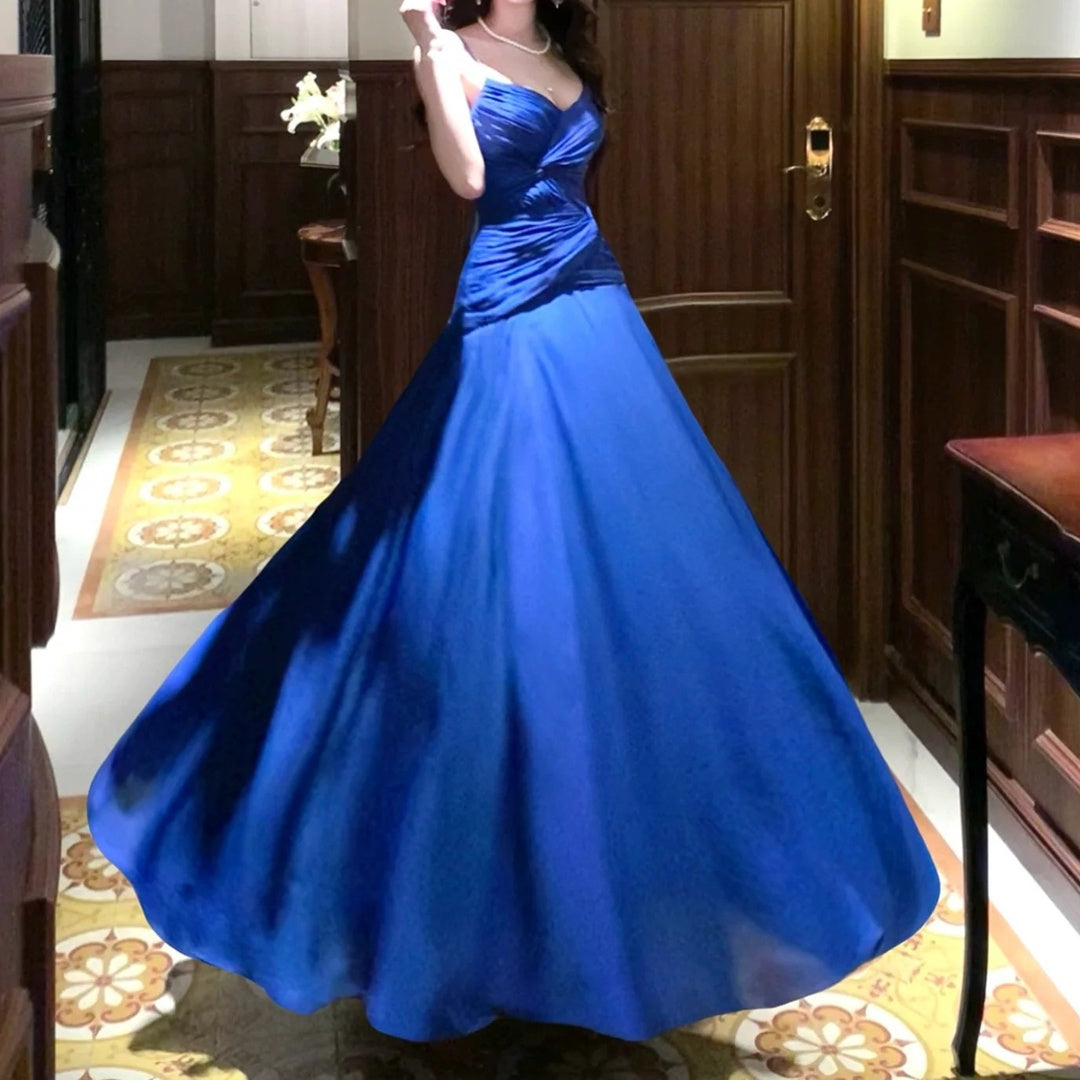 French Asymmetrical Blue Spaghetti Strap Satin Gown Dress