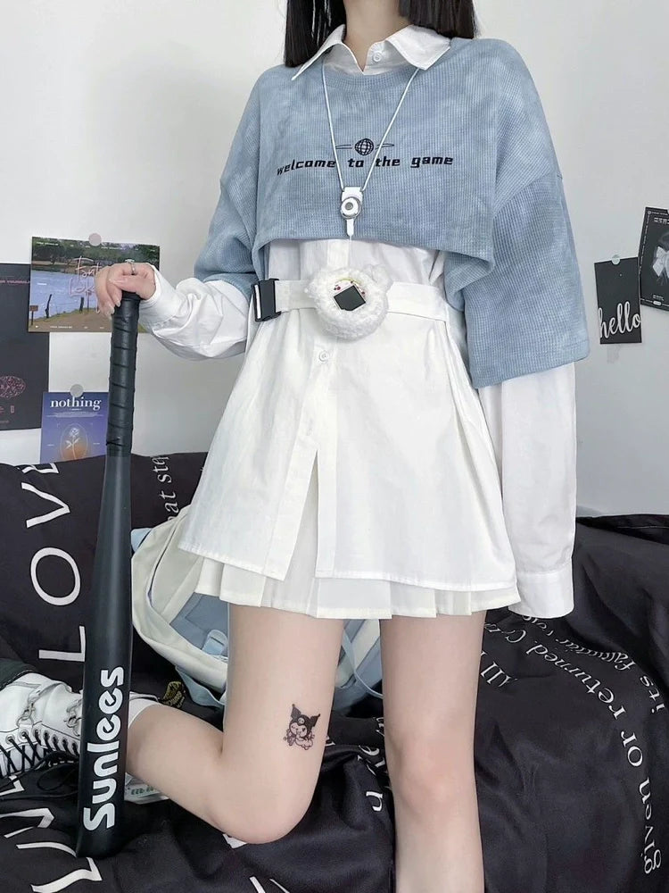 Blue Tie-Dye Hoodie Two-Piece Set Subculture Y2K E-girl Light Subculture American Retro Abi Long-Sleeve Shirt Set