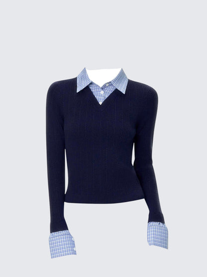 Korean Faux Two-Piece Check Polo Knit