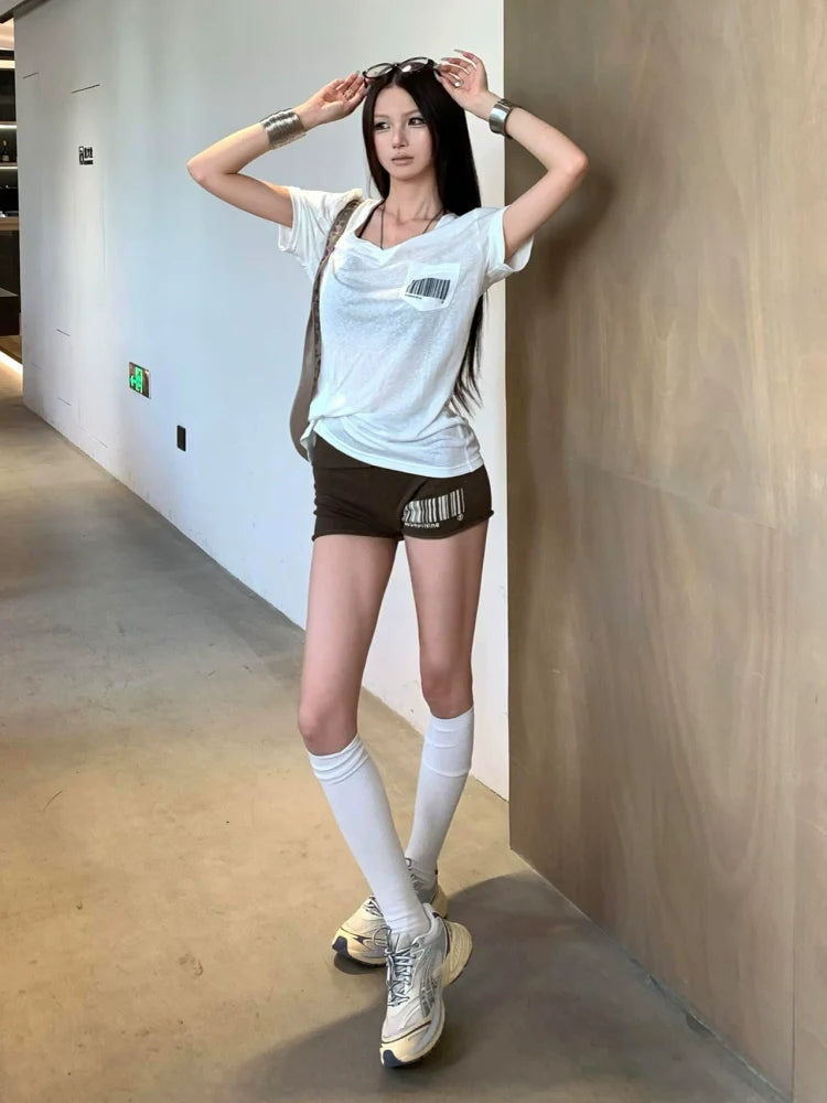 American White V-Neck Short Sleeve Tee Snow Cotton Relaxed Fit Top