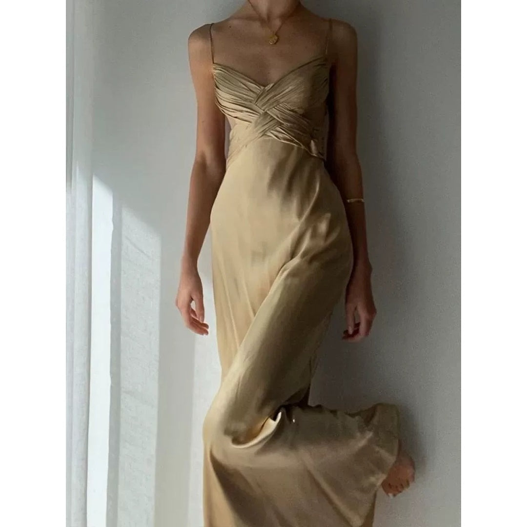 French V-Neck Cross Satin Spaghetti Strap Gown Dress