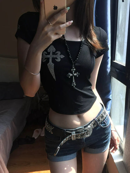 Retro Black Cross Rhinestone Tee