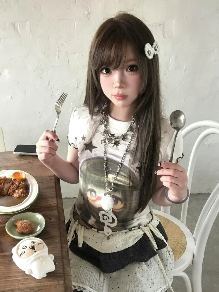 Vintage Y2K White Ruffle Tee