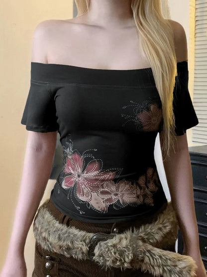 Brown Subculture Y2K E-girl Light Subculture American Retro Flower Print Short Sleeve Top