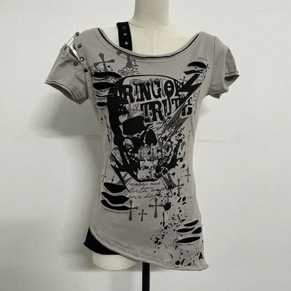 Gray Subculture Punk Y2K E-girl Abi American Retro Skull Fake Two-Piece Short Sleeve Top