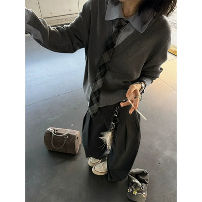 Old Money Fake Layer V-Neck Sweater Polo Collar Knit Pullover Autumn-Winter Cleanfit Top