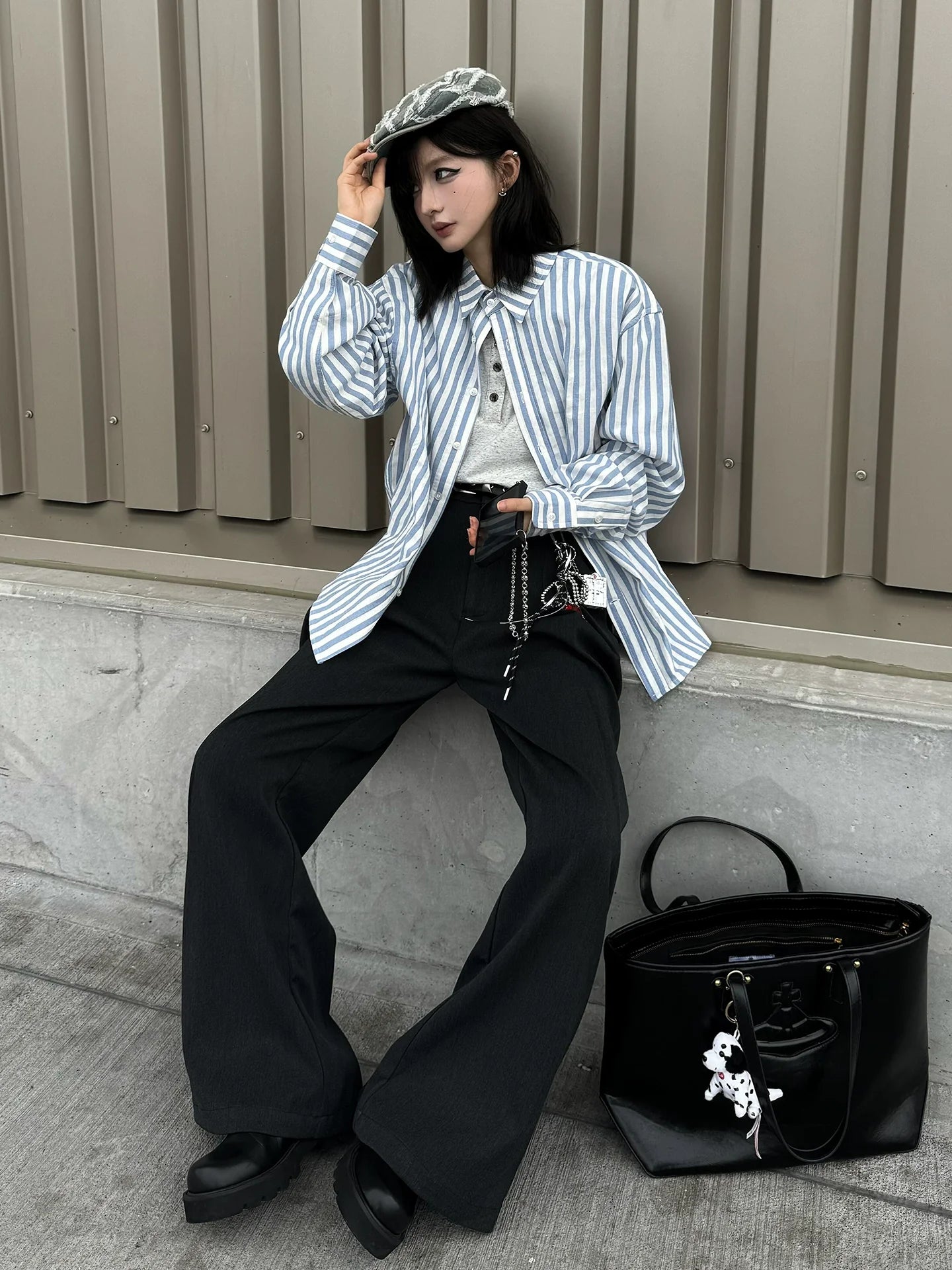 Nautical Blue White Stripe Shirt Jacket  Early Autumn Old Money Loose Long Sleeve Outerwear