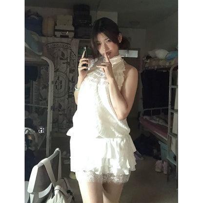 Purple Satin-Lace Halter Waist-Cinched Vintage-Style Tiered Dress