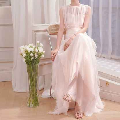French Pink Sleeveless Faux Two-Piece Gown Dress – Luxury Party Dress