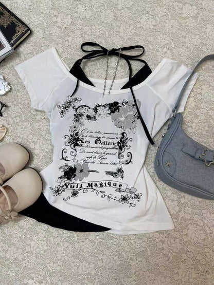 Black White Color Block Fake Two-Piece Halter Y2K T-Shirt