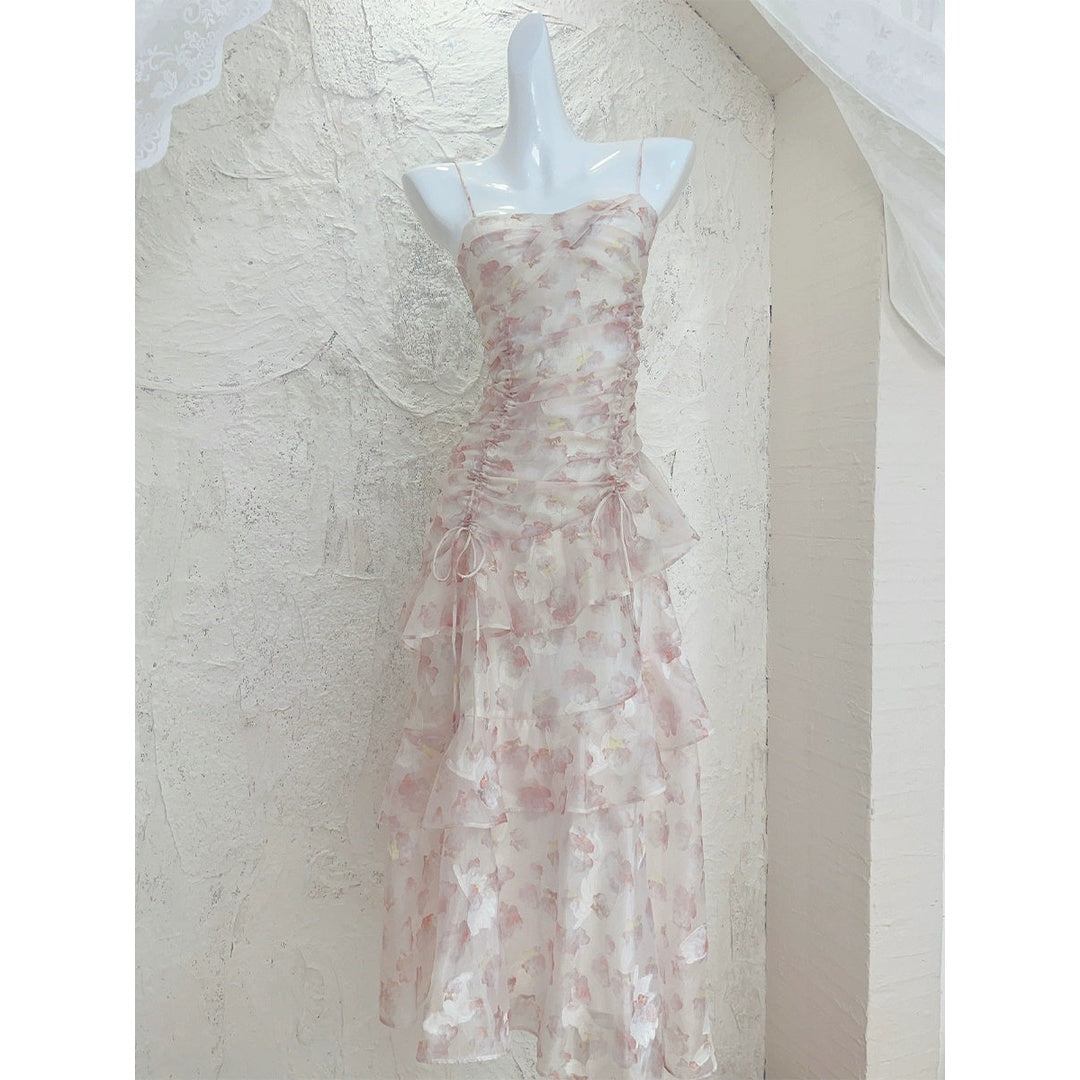 Pink Chiffon Floral Fitted Halter Gown Dress