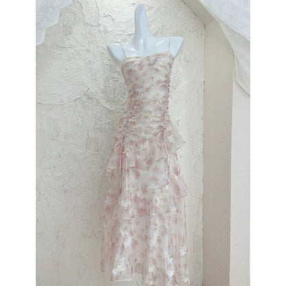 Pink Chiffon Floral Fitted Halter Gown Dress