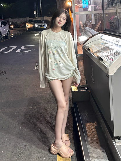 Lazy Style Sun Protection Graffiti Angel Long Sleeve Top