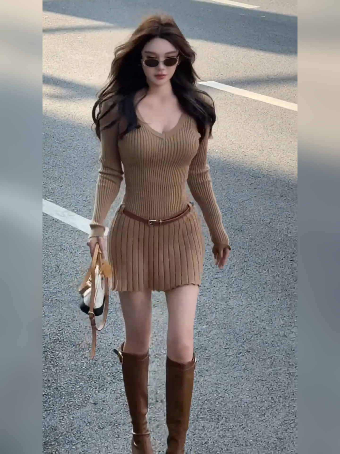 French V-Neck Long-Sleeve Knit Waist-Cinched Pleated Mini Dress