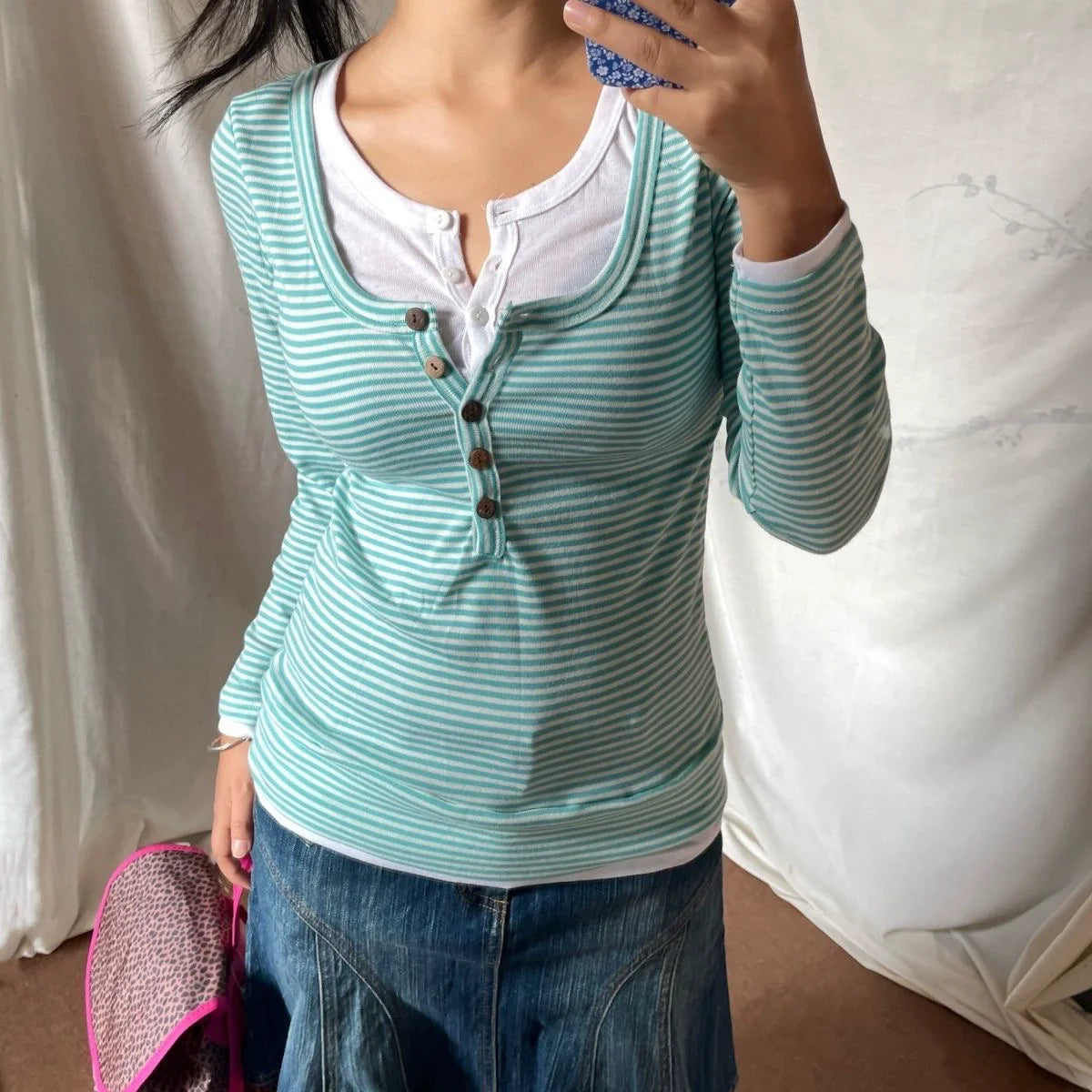 Green Striped Fake Two-Piece Subculture Y2K E-girl Vintage Japanese Retro Long Sleeve Top