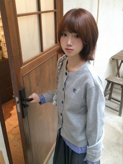 Korean Plaid Layered Cardigan Hoodie  Two-Piece Effect Sweatshirt Preppy Outerwear