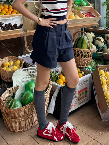 Navy Tailored High Waist Shorts Summer Loose Pants