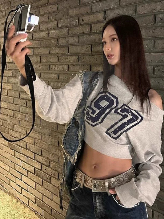 Gray [Blue Letter] Print Off-Shoulder Hoodie Subculture Y2K E-girl Light Subculture American Retro Abi Long-Sleeve Top