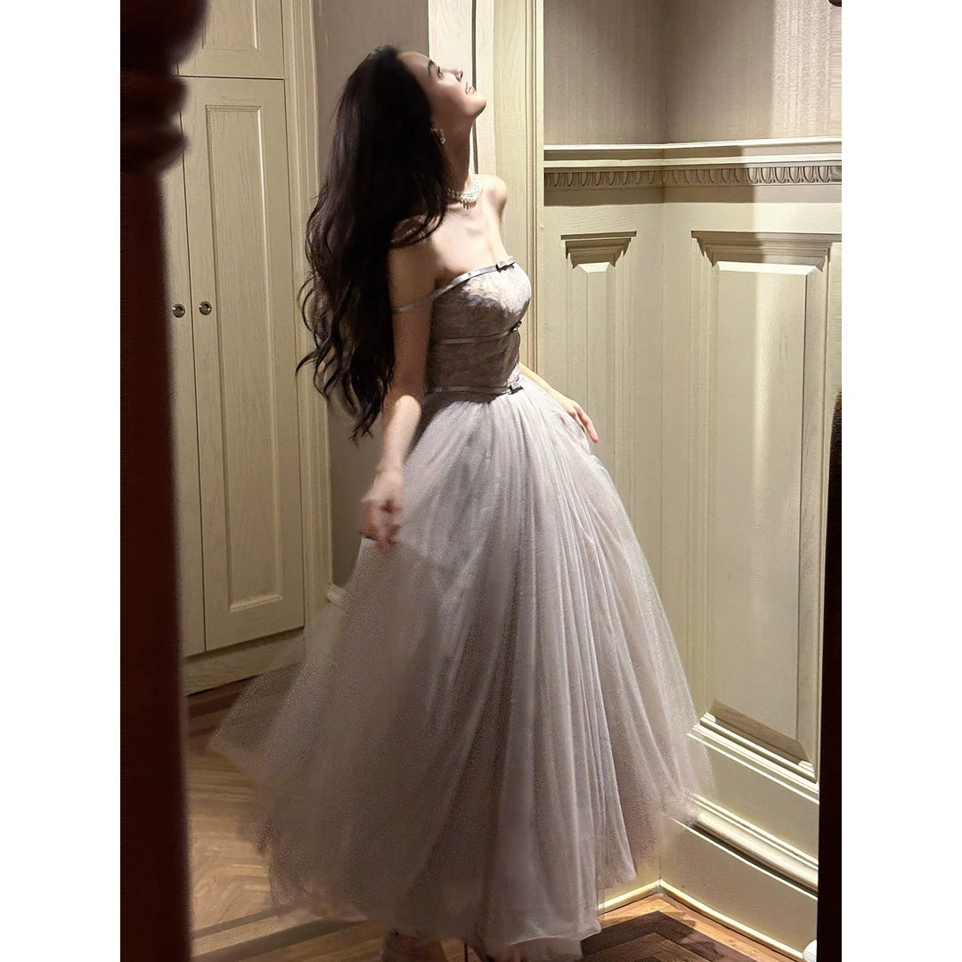 French Purple One-Shoulder Tulle Gown Dress