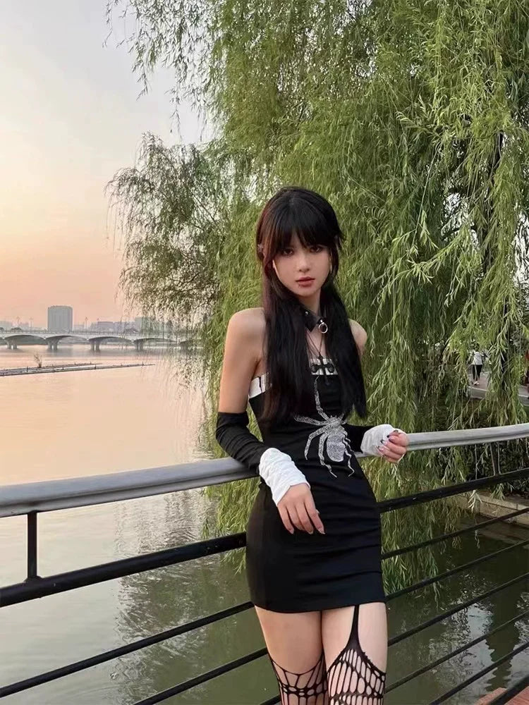 Black [With Free Arm Sleeves] Subculture Punk Y2K E-girl Dark Gothic Crop Top Dress