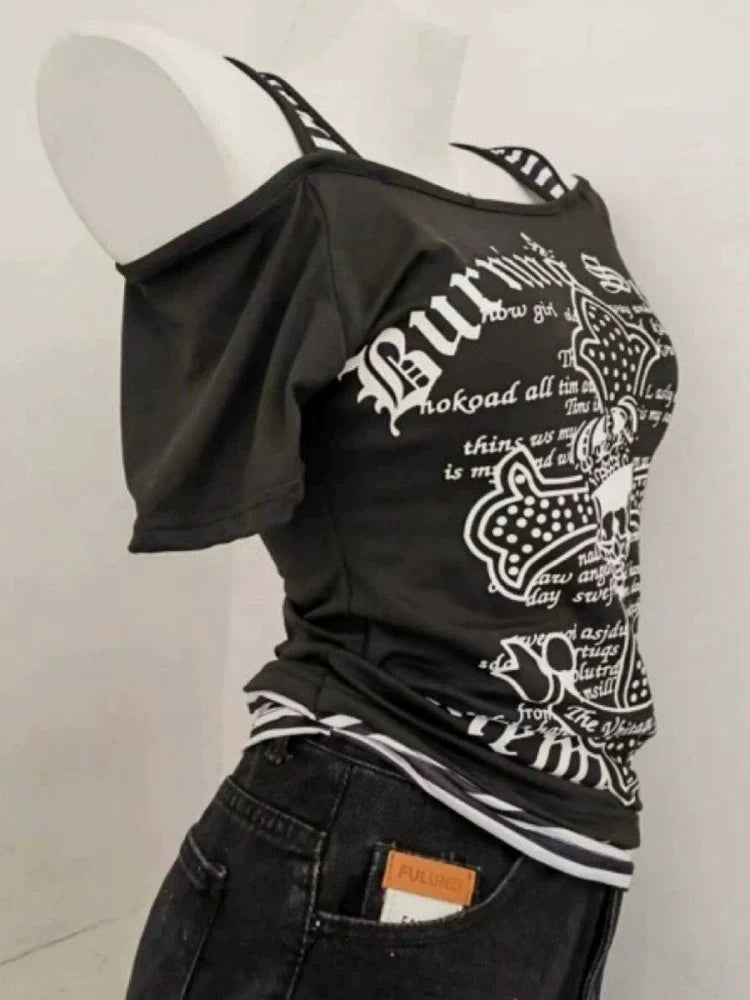 Black Subculture Rock Punk Y2K E-girl Abi Vintage Print Short Sleeve Top