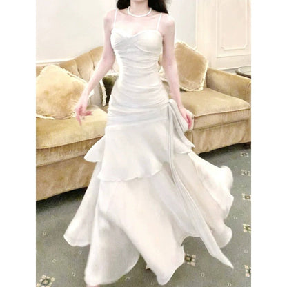 Glass Satin Ruffle Spaghetti Strap Gown Dress