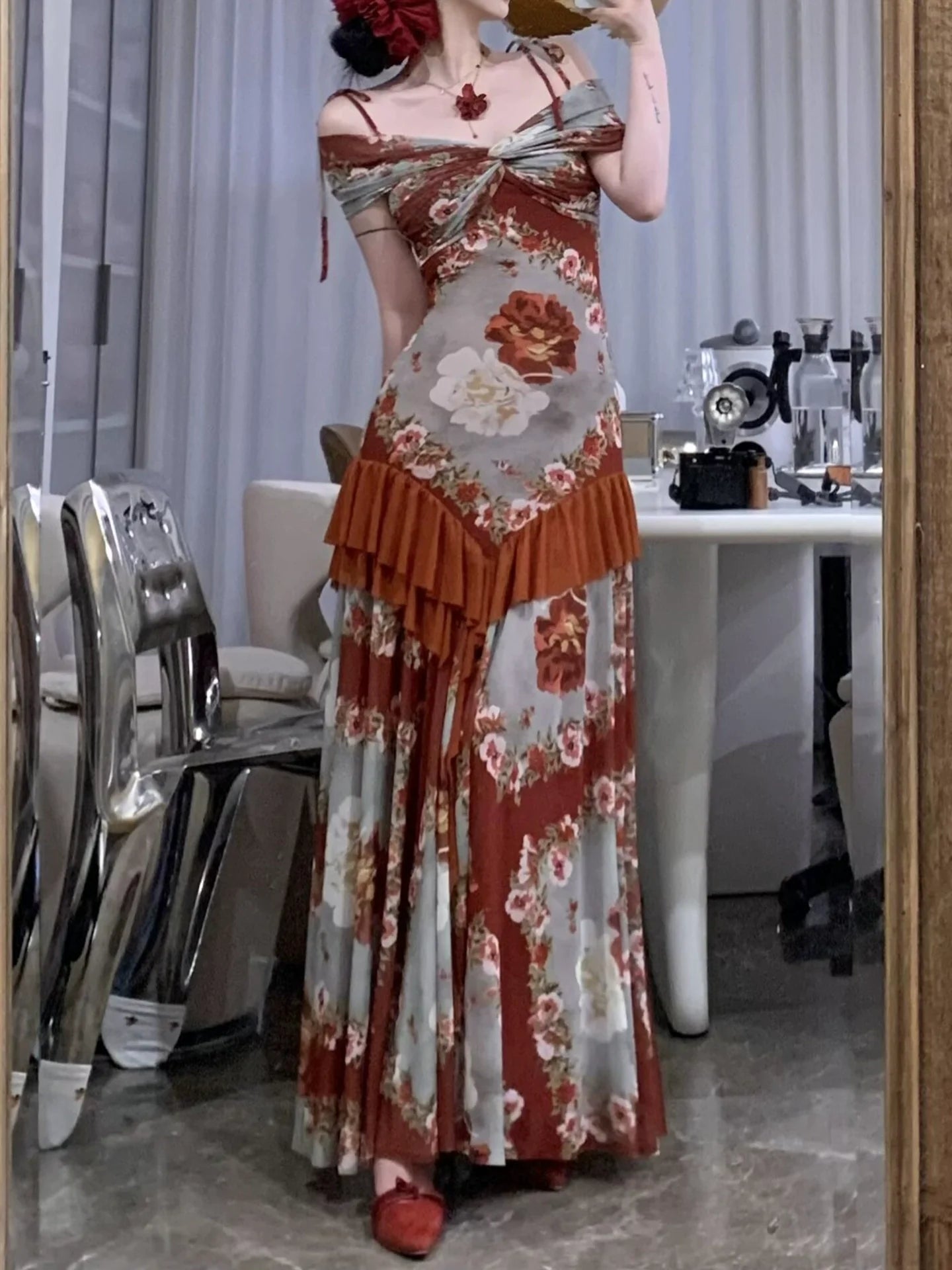 Broken Rose Print Paneled Stretchy Slip Dress