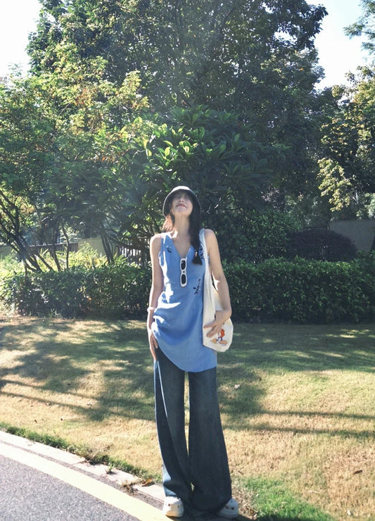 Linen Beaded V-Neck Retro Tank Mini Dress