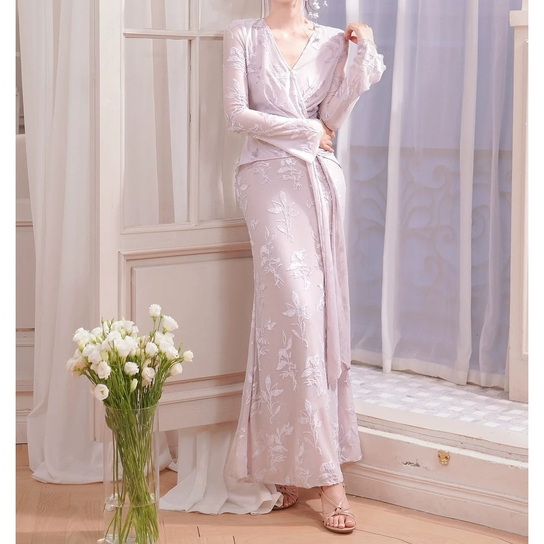 Vintage Purple Jacquard Long Sleeve Mermaid Gown Dress