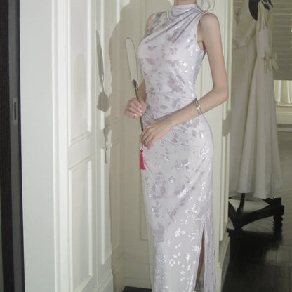 Purple Embroidered Sleeveless Cheongsam Gown