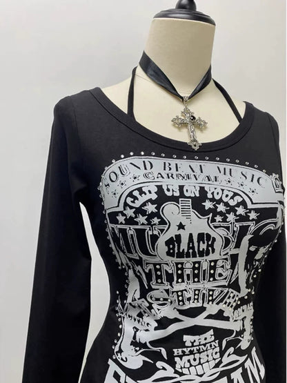 Black Gothic Vintage Print Designer Long Sleeve Y2K T-Shirt