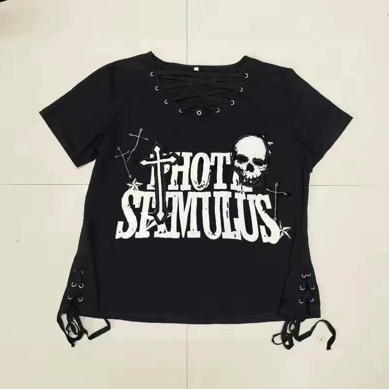 Black 7-Skull Print Tie Detail 100% Cotton Punk Y2K T-Shirt