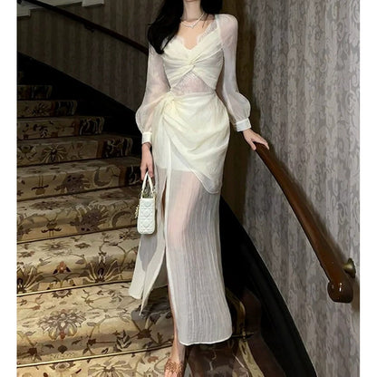 French Vintage Lace Long Sleeve Gown Dress