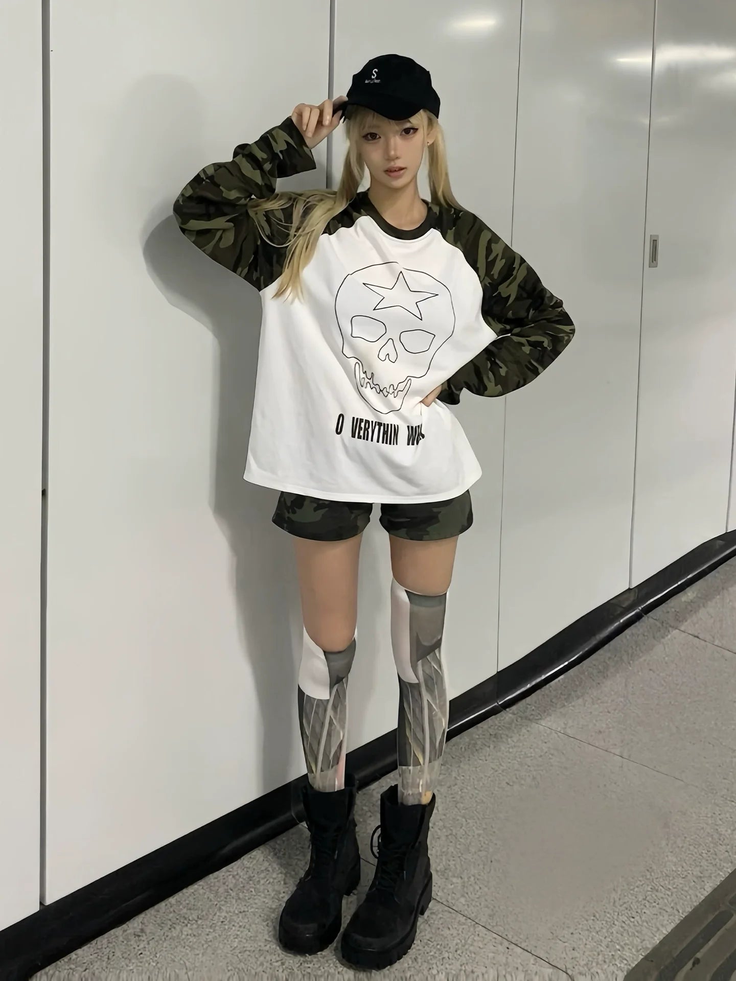 Y2K Camo Skull Long Sleeve Top